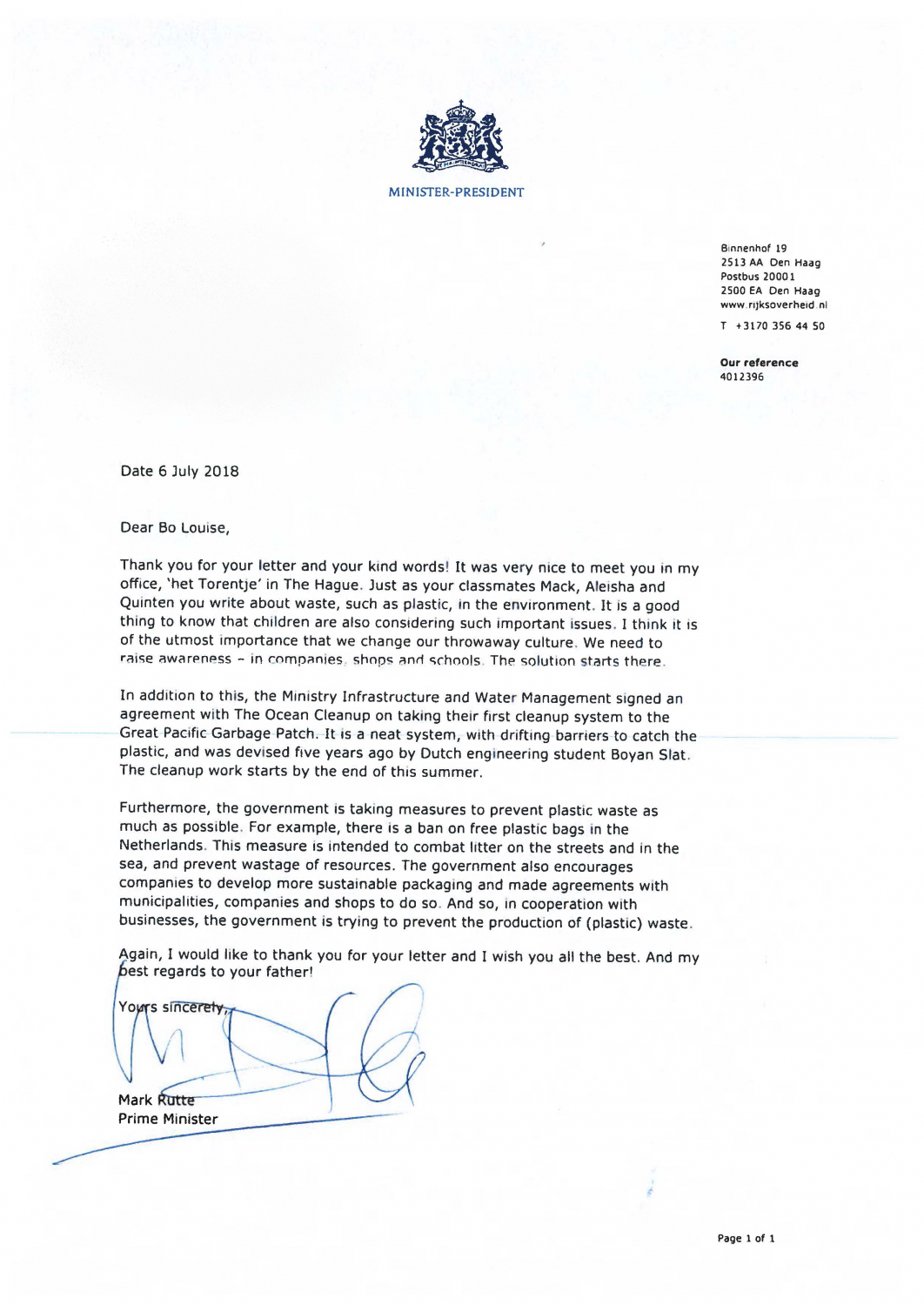 Dutch Prime Minister Responds to Letters from Grade 2 - International